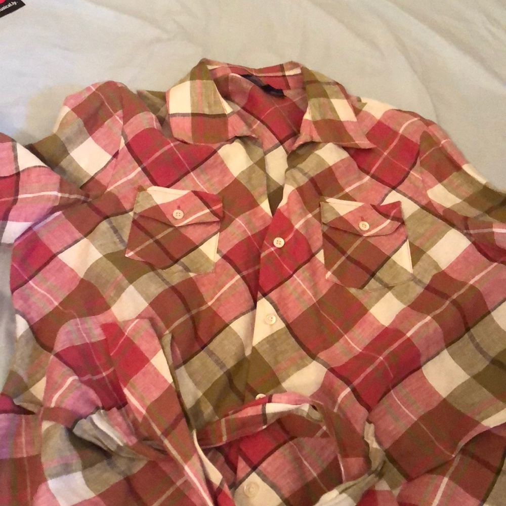 JONES NY Plaid Linen Split Neck Tie-Front Top [D9]